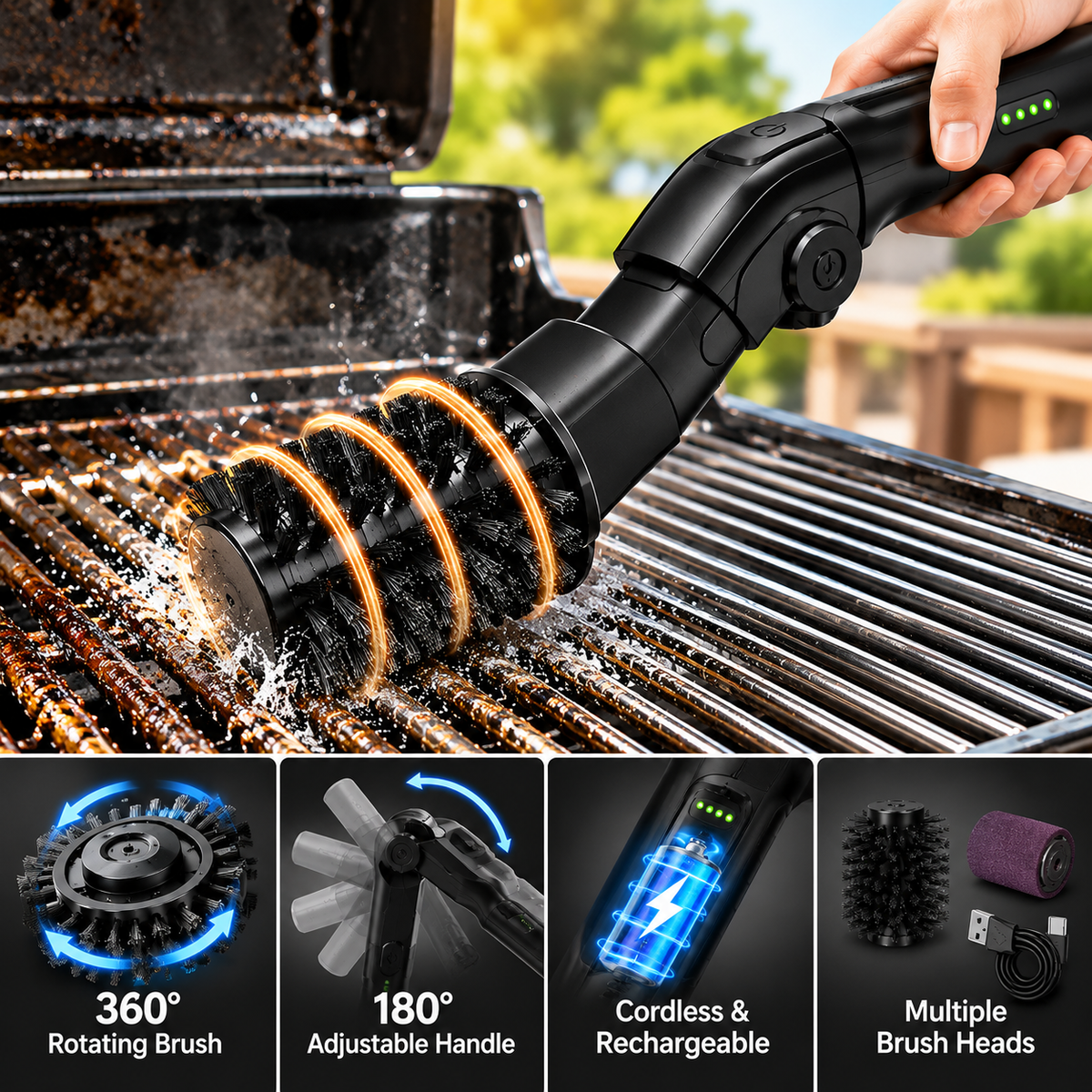 Elektrisk grillborste för rengöring med 360-graders roterande huvud